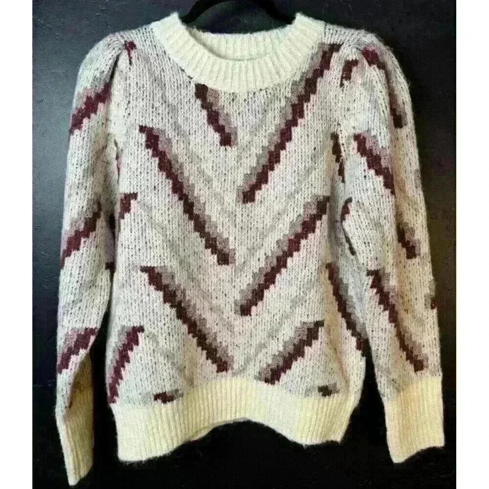 VICI Sweater Women's Size Medium Cream Fuzzy Knit Pullover Puffed Sleeve Chevron